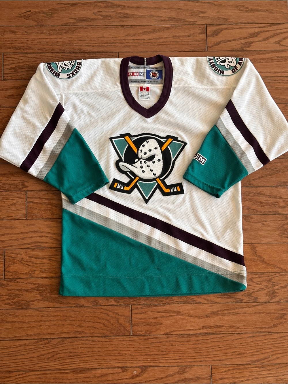 Vintage CCM Anaheim Mighty Ducks Teal, White & Purple Hockey Jersey